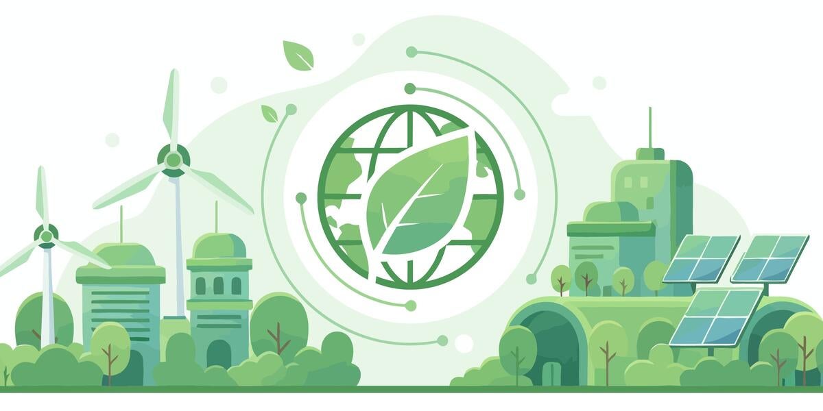 Sustainable energy sources and eco-friendly technologies illustrated in a modern cityscape with industrial and renewable energy elements