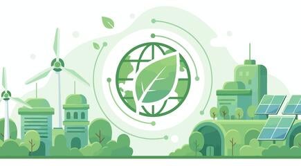 Sustainable energy sources and eco-friendly technologies illustrated in a modern cityscape with industrial and renewable energy elements