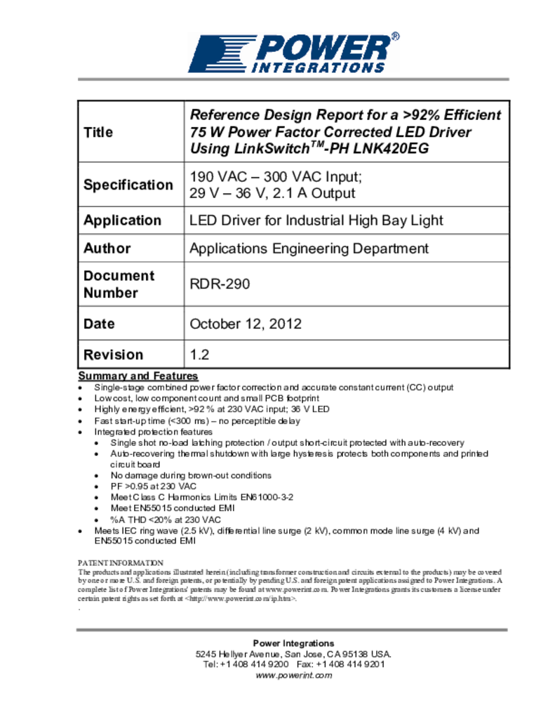 Rdr 290 Reference Design Report For A 92 Efficient 75 W Pfc Led Driver Power Integrations Inc
