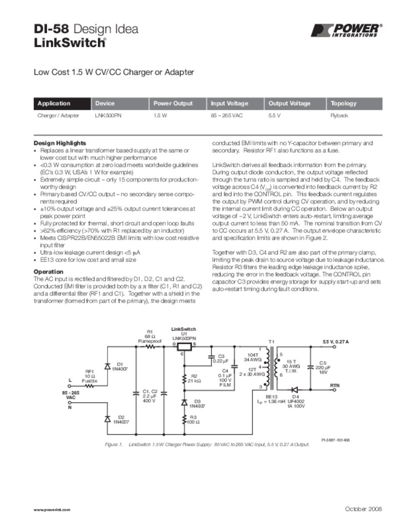 Di 58 1 5 W Cv Cc Charger Or Adapter Power Integrations Inc Di 58 1 5 W Cv Cc Charger Or Adapter Power Integrations Inc