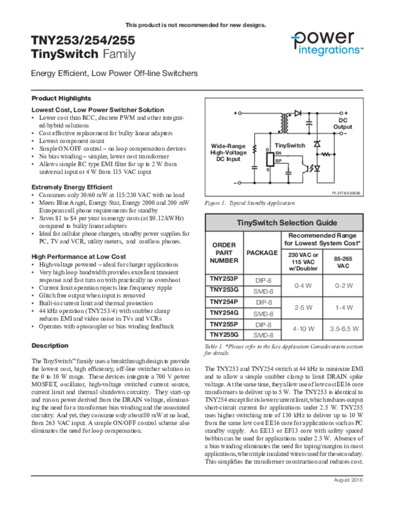 Tinyswitch Family Data Sheet Power Integrations Inc