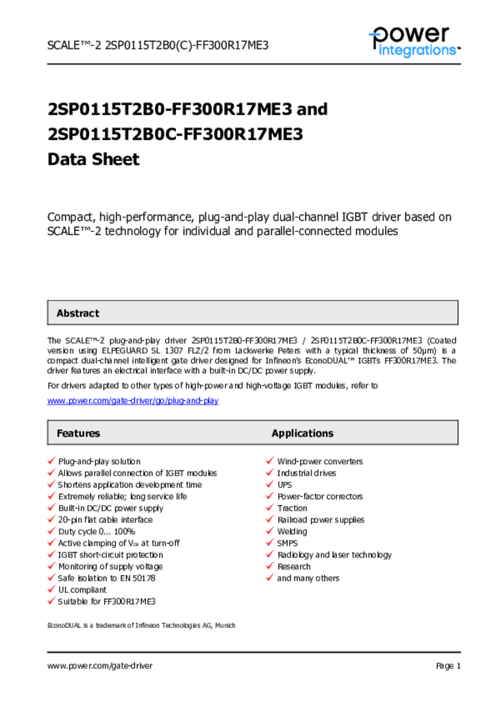 2sp0115t2bx Ff300r17me3 Data Sheet Power Integrations Inc 2sp0115t2bx Ff300r17me3 Data Sheet Power Integrations Inc