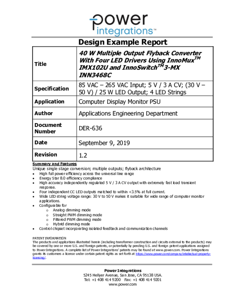 DER-636 - 40 W Multiple Output Power Supply with 4 LED Drivers for Computer  Monitors using InnoSwitch3-MX and InnoMux Chipset | Power Integrations, Inc.