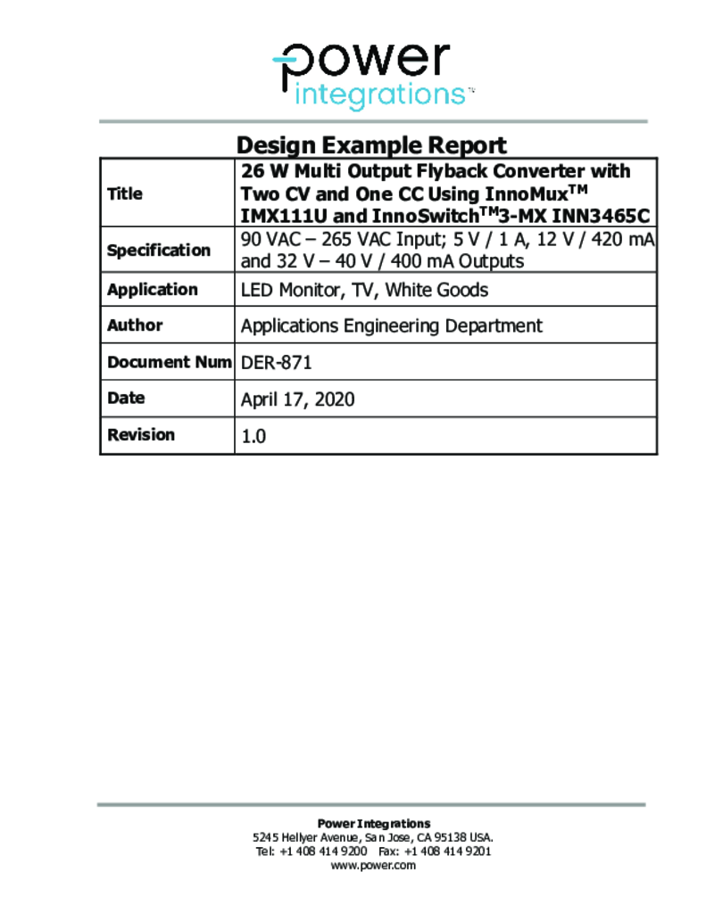 Der 871 26 W Multiple Output Power Supply For Displays And Appliances Using Innoswitch3 Mx And Innomux Chipset Power Integrations Inc
