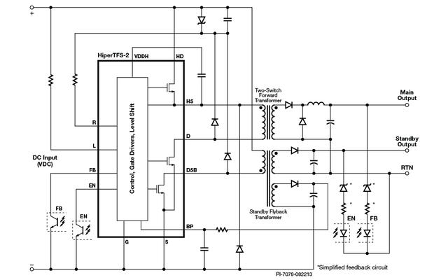 圖 1：返馳式和主要轉換器的簡化電路圖。
