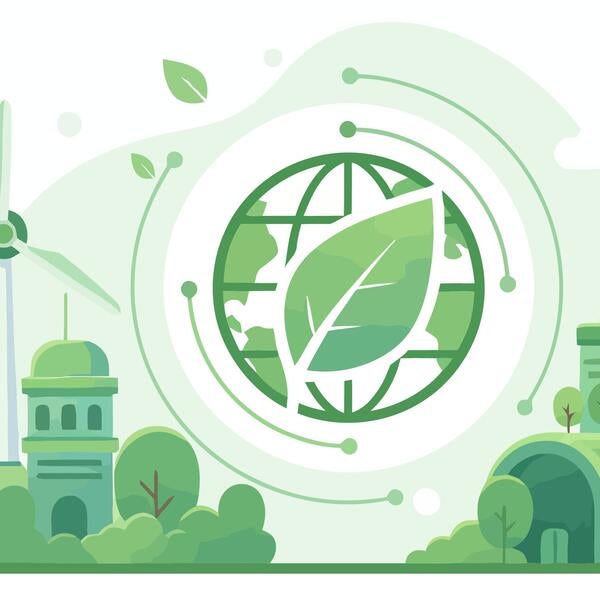 Sustainable energy sources and eco-friendly technologies illustrated in a modern cityscape with industrial and renewable energy elements