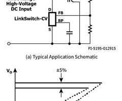 典型应用/性能 - 非简化的电路(a)及输出特性包络(b)。